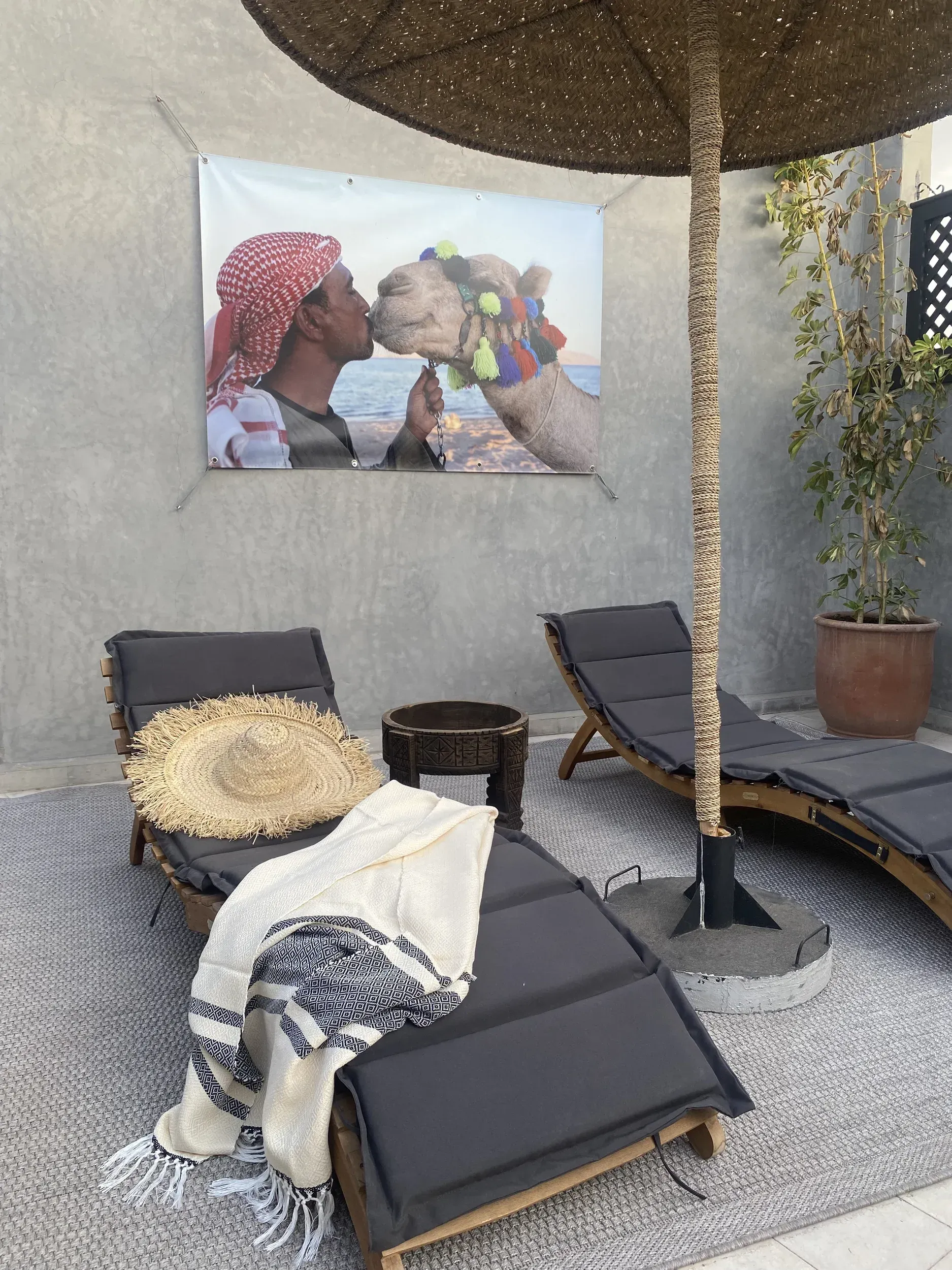 Two lounge chairs with a straw hat