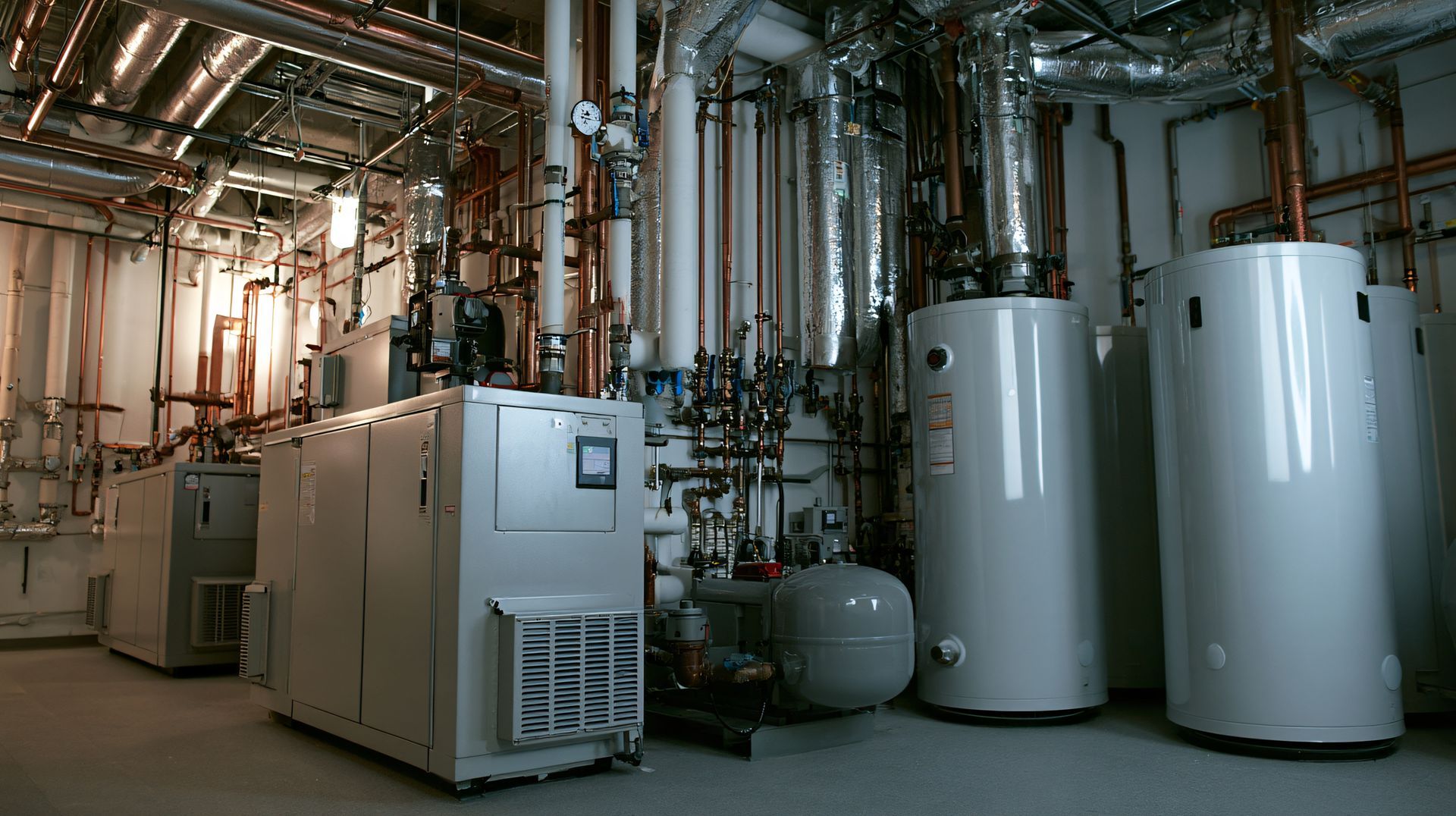 Industrial equipment room with large white tanks, pipes, and machinery in a utility plant