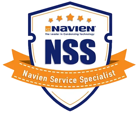 Navien Service Specialist (NSS) logo featuring a dark blue shield, five orange stars, and an orange banner on white.