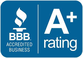 A blue rectangular BBB Accredited Business logo with a torch icon and white text stating 