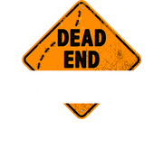 Logo is an orange diamond road sign with dead end exterminating written on it