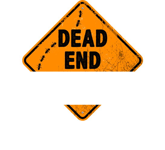 Logo is an orange diamond road sign with dead end exterminating written on it