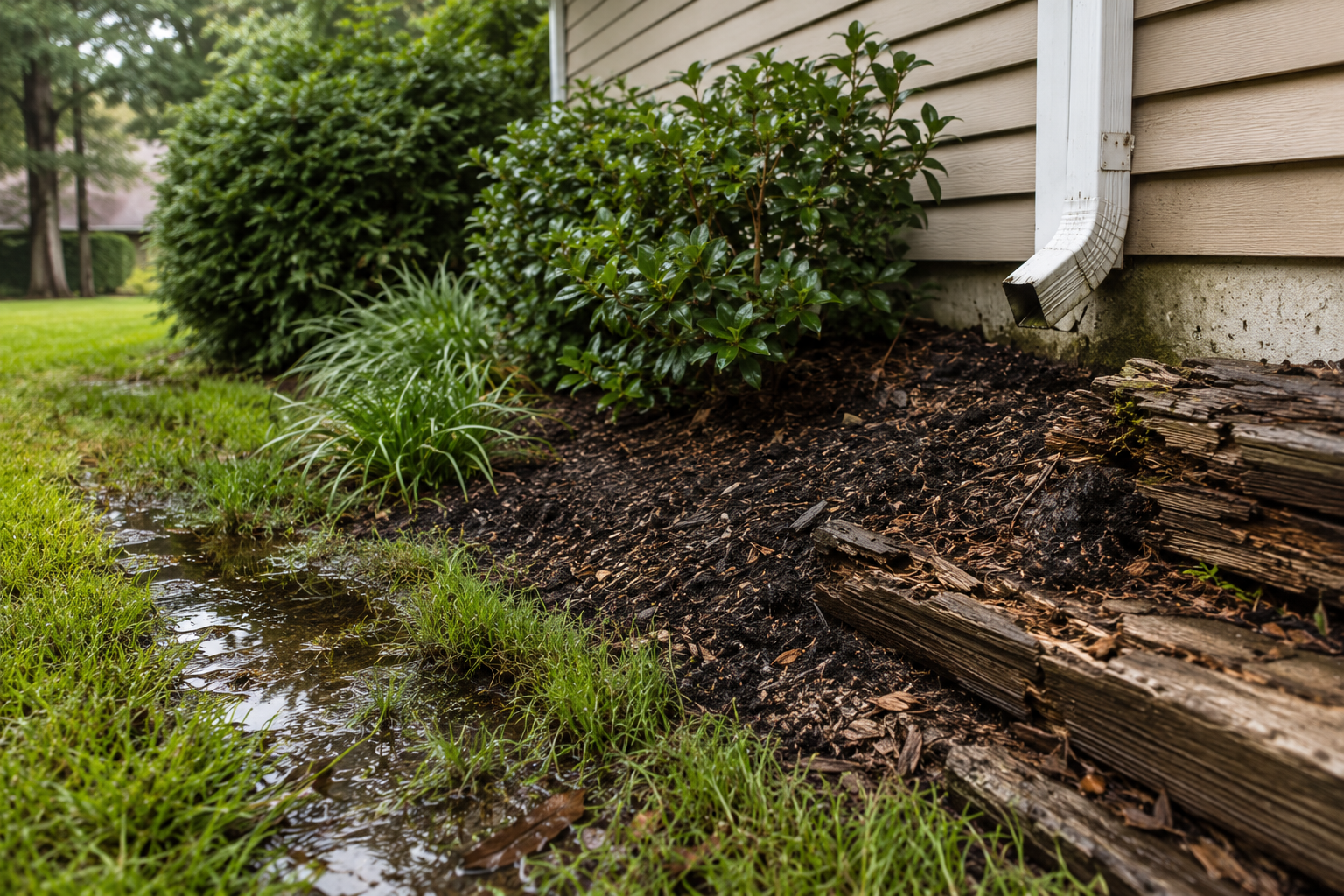 Waterlogged mulch bed beside a house, with damaged wooden edging and muddy runoff along the foundation