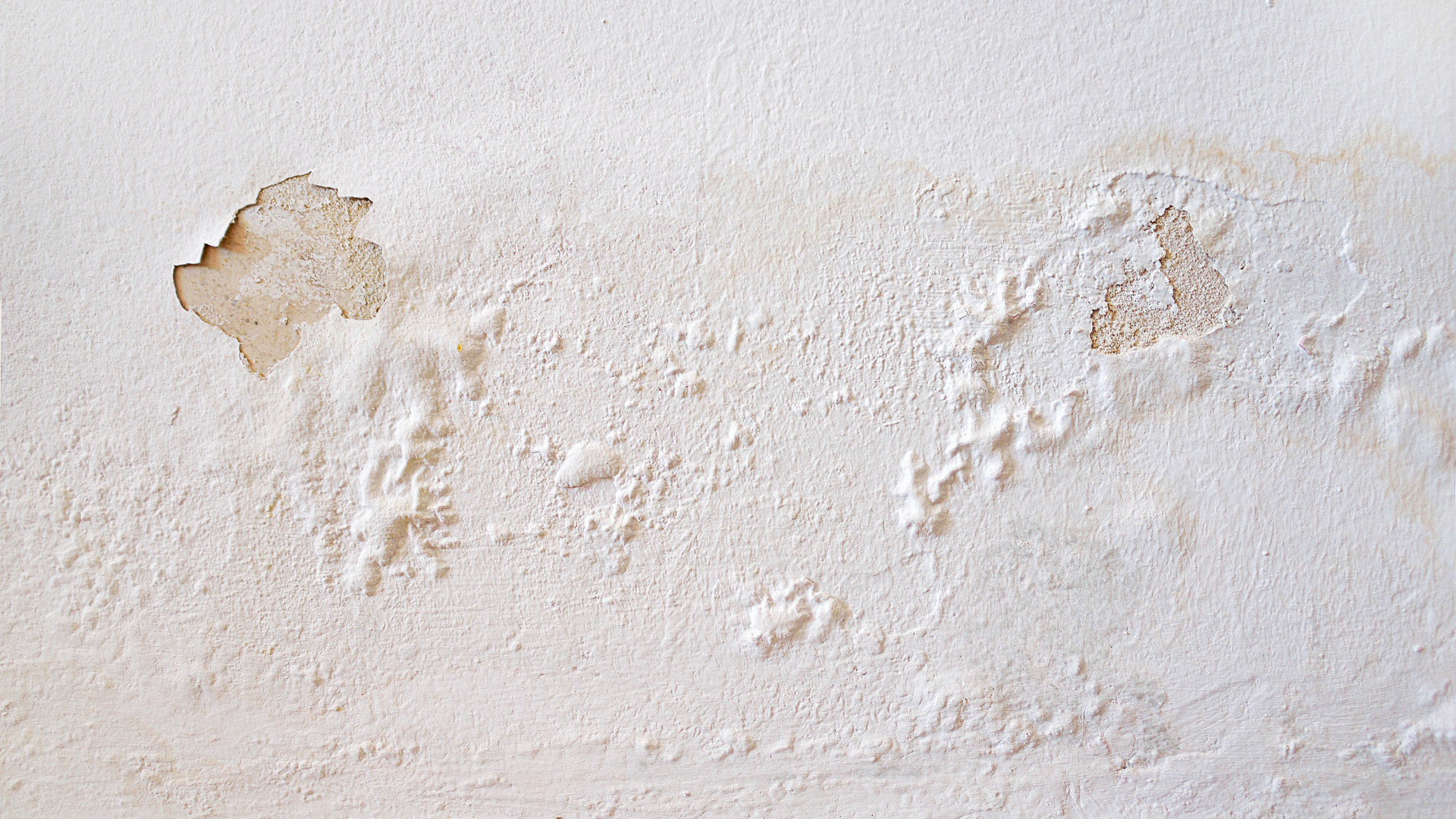 White wall with peeling paint, showing damage and discoloration from moisture.