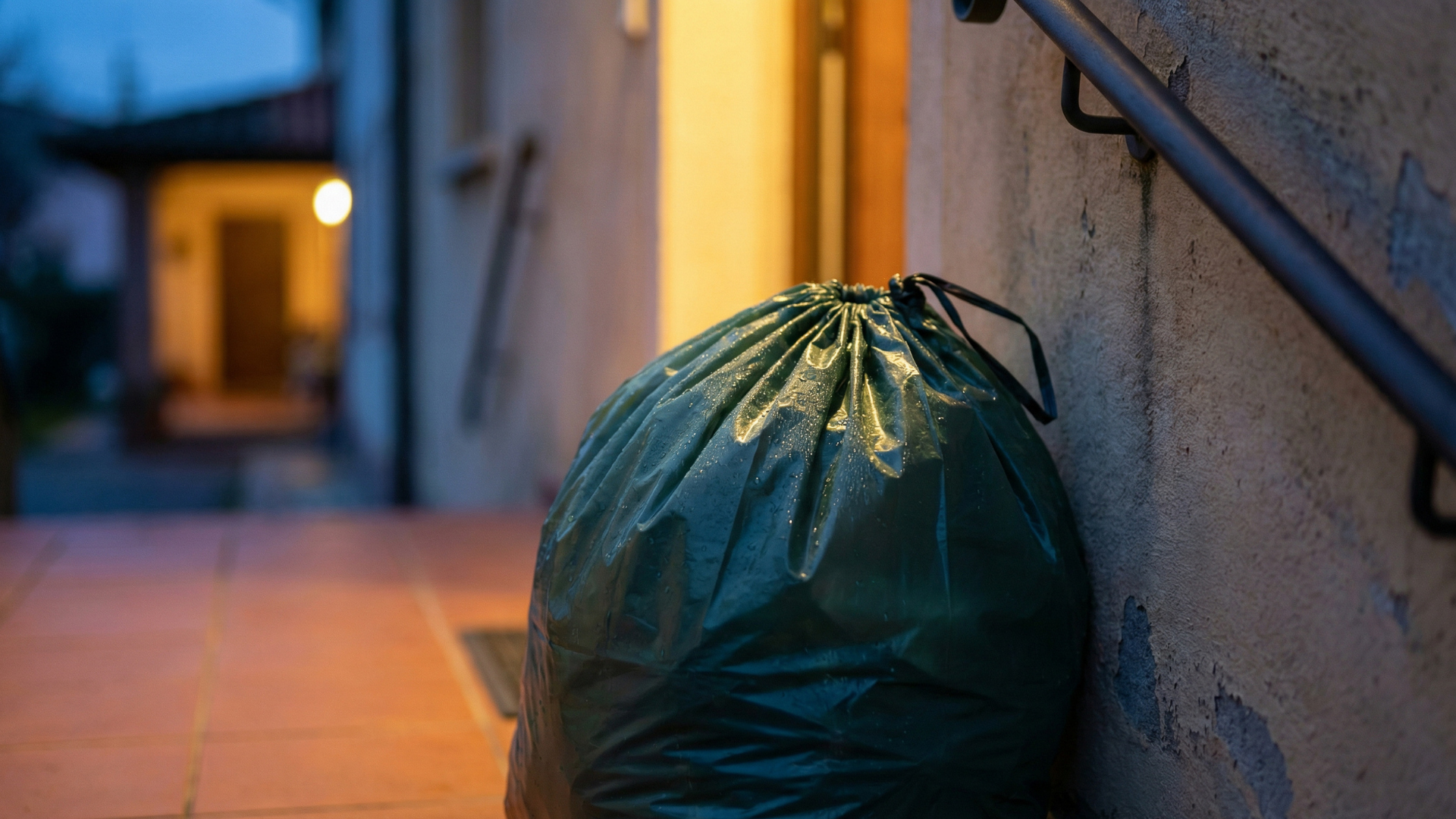 Green garbage bag on a porch near a wall and handrail, with an open doorway in the background.