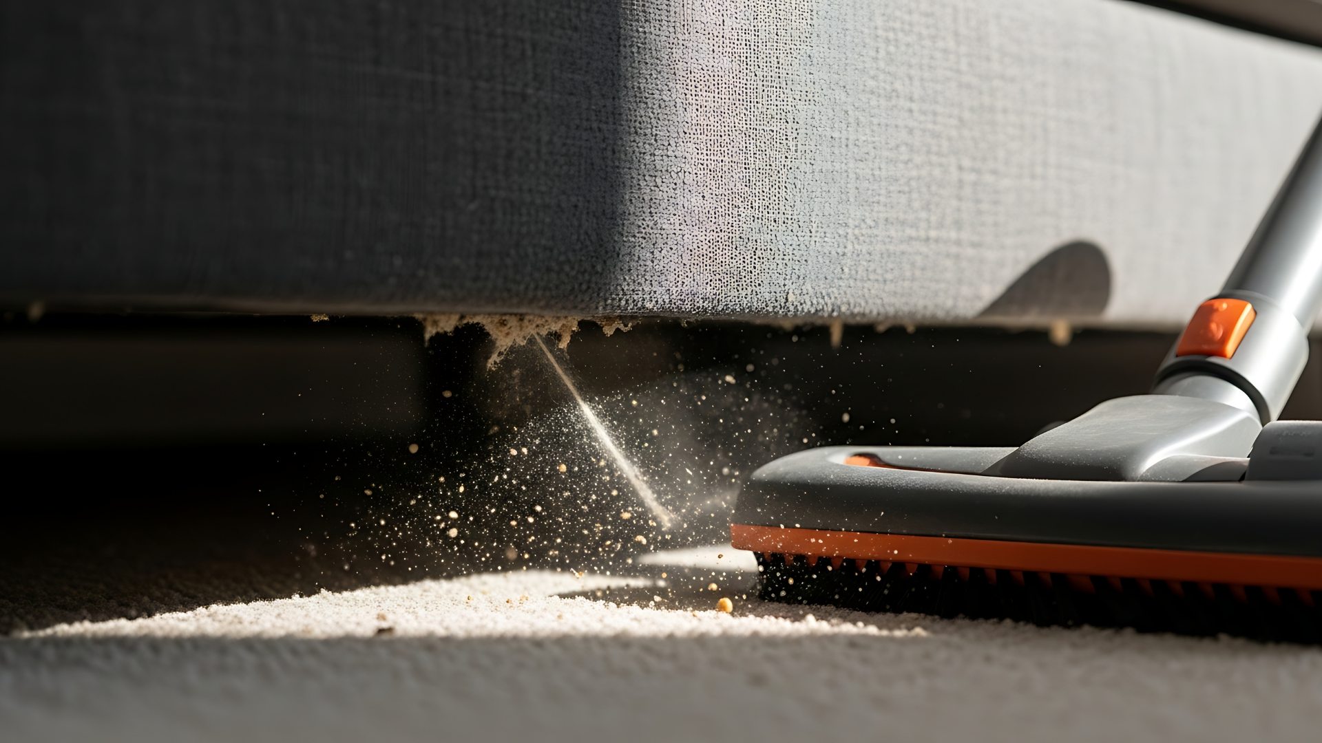 Vacuuming dust and debris from under a gray couch with an orange and gray vacuum.