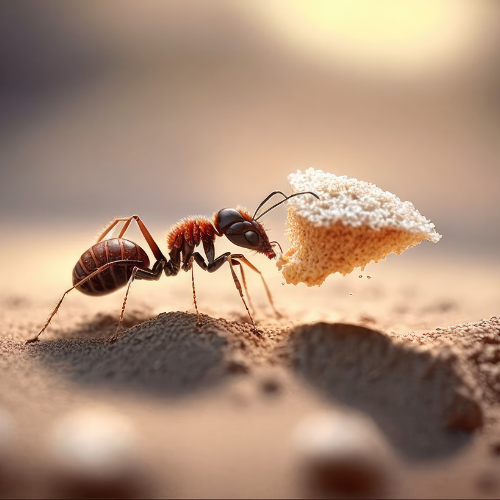 An ant is carrying a piece of bread in its mouth.