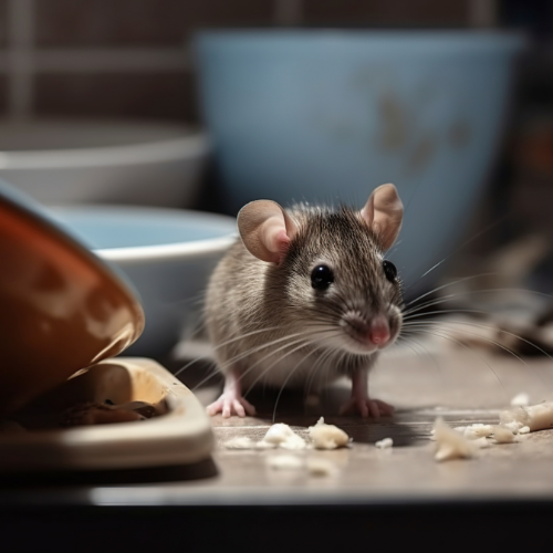 A small mouse is sitting on a table looking at the camera