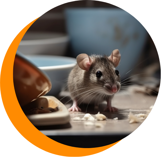 A mouse is sitting on a table and looking at the camera