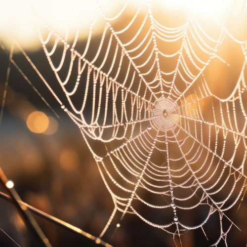 A close up of a spider web with water drops on it