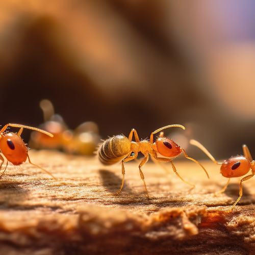 A group of termites are walking on a piece of wood.