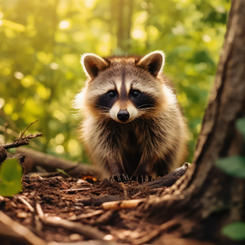 A raccoon is sitting under a tree in the woods looking at the camera.