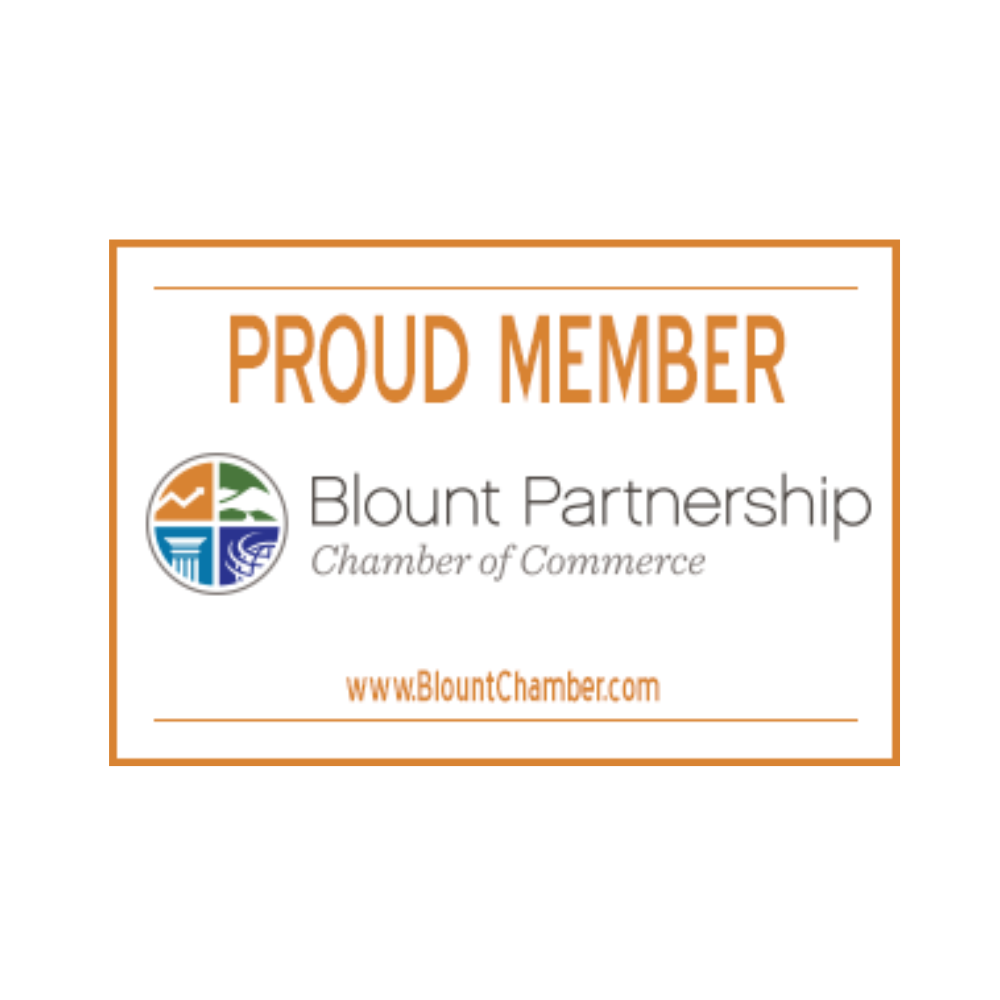 Proud member badge for the Blount Partnership Chamber of Commerce; orange and white design with logo and website.
