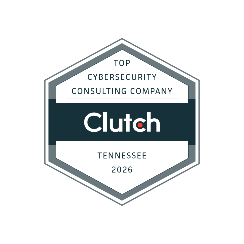 Clutch Top Managed Service Provider badge, Knoxville 2026. Hexagon shape with gray and dark blue.