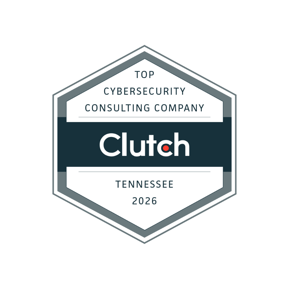Clutch award for top cybersecurity consulting company in Tennessee, 2026. Hexagon logo with dark blue and white text.