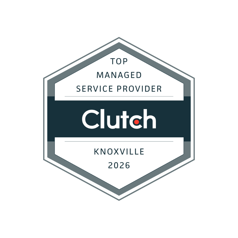 Clutch badge: Top Managed Service Provider, Knoxville, 2026. Hexagon shape, dark blue band with Clutch logo.