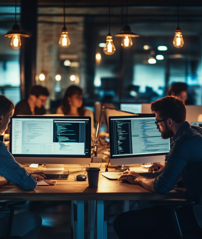 People working at computers in a dimly lit office with overhead lights.