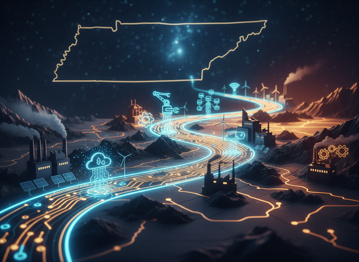 Glowing circuit path across a landscape with Tennessee outline, connecting industrial sites and renewable energy sources.