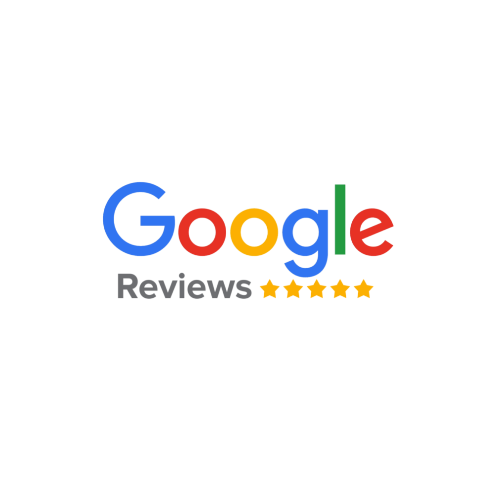 Google Reviews logo with blue, red, yellow, and green letters, five gold stars.