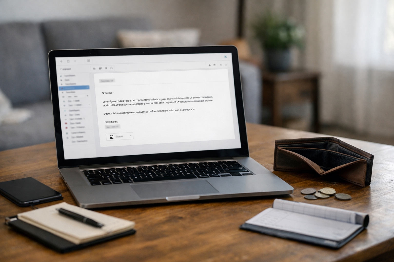 A laptop displaying an email sits on a wooden desk with a notebook, pen, coins, and an open wallet.