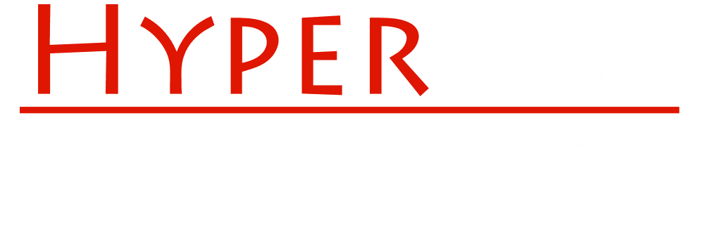 Red word “HYPER” with a thin red line underneath on a white background