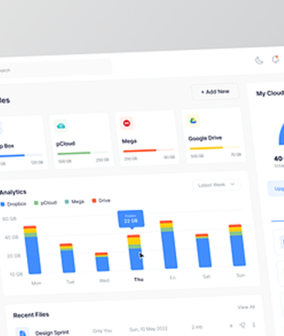 Dashboard showing cloud storage usage with stacked bar graphs and file management buttons.