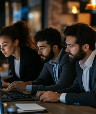 Three professionals in suits working on laptops at a desk, looking focused in a dimly lit office.