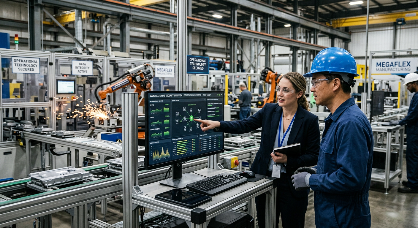 Two factory workers reviewing a large monitor on an automated assembly line with robotic arms.