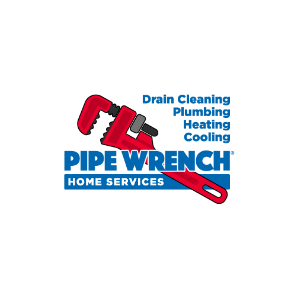 Logo for Pipe Wrench Home Services: red pipe wrench, blue text: 