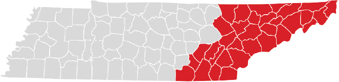 Map of Tennessee with the eastern counties highlighted in red.
