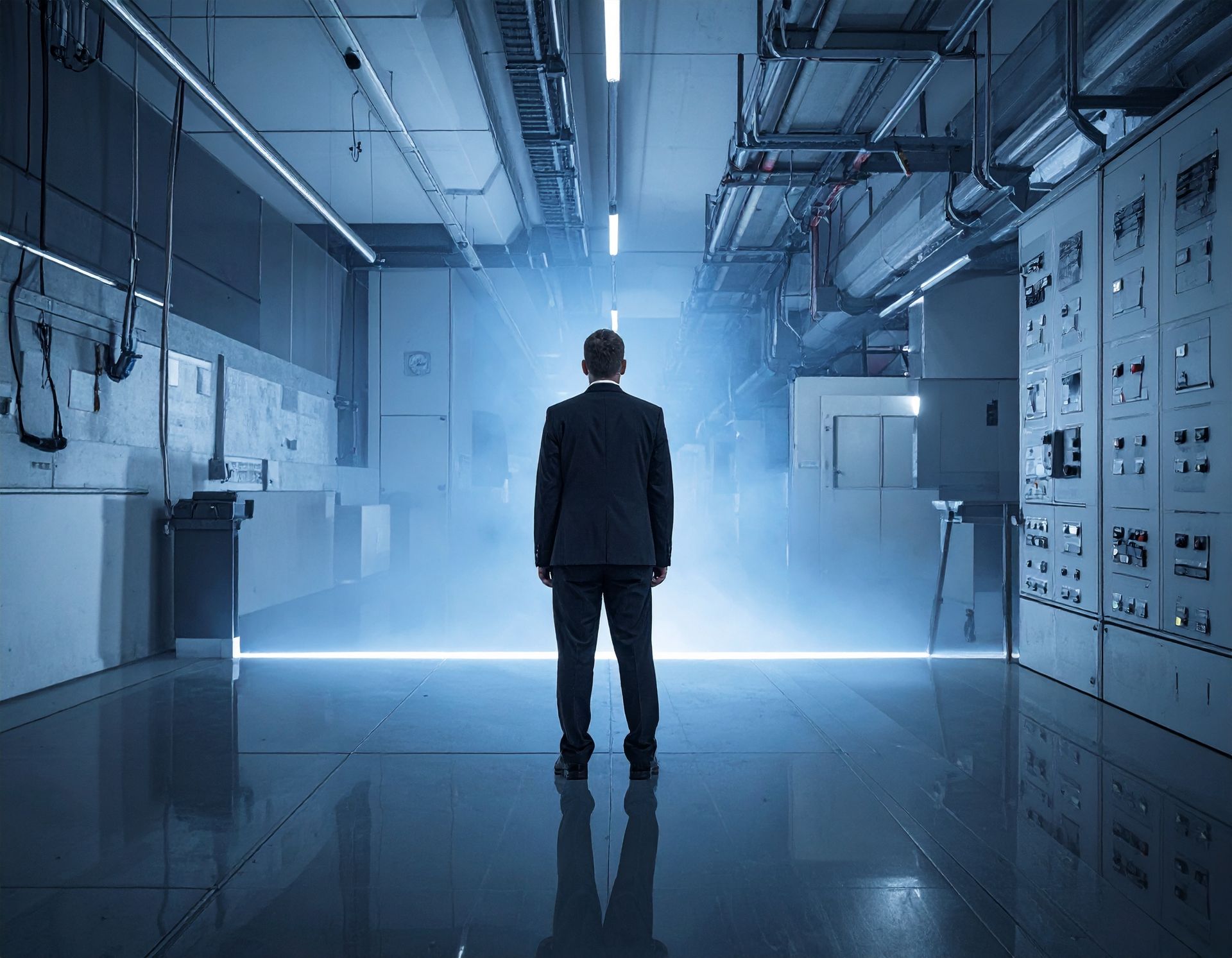 Man in a suit stands facing a glowing blue portal in a futuristic, industrial-looking room.