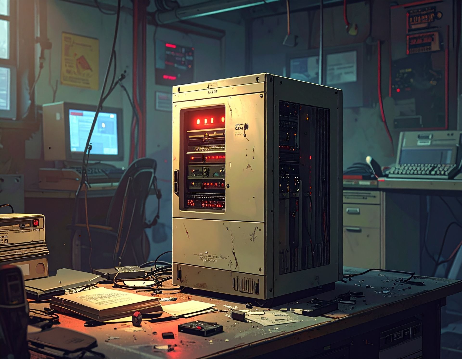 A cluttered computer lab with an aging server cabinet lit by red lights, and older monitors and keyboards.