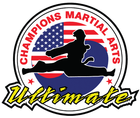The logo for champions martial arts ultimate has a silhouette of a person doing a split in front of an american flag.