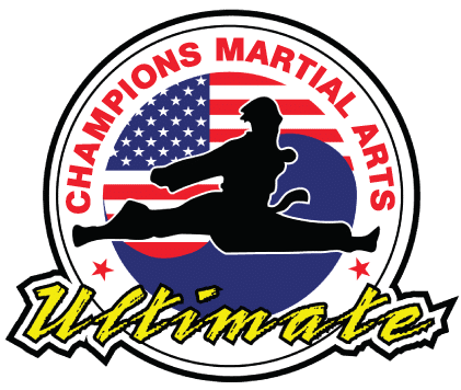 The logo for champions martial arts ultimate has a silhouette of a person doing a split in front of an american flag.