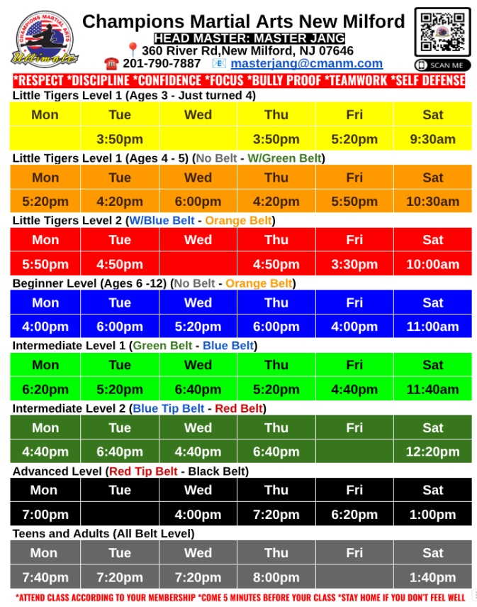 A schedule for champions martial arts new milford