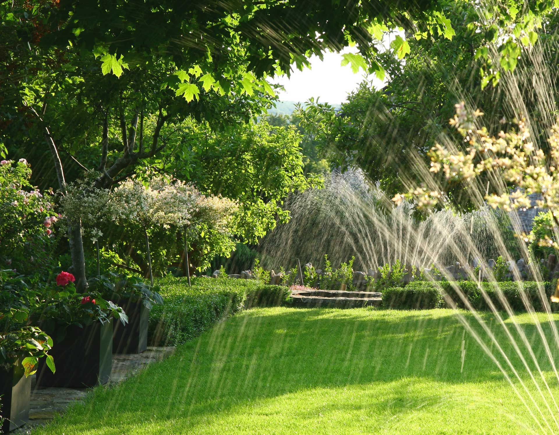 Lush green garden with fountain spraying water, sunlight, and trees.