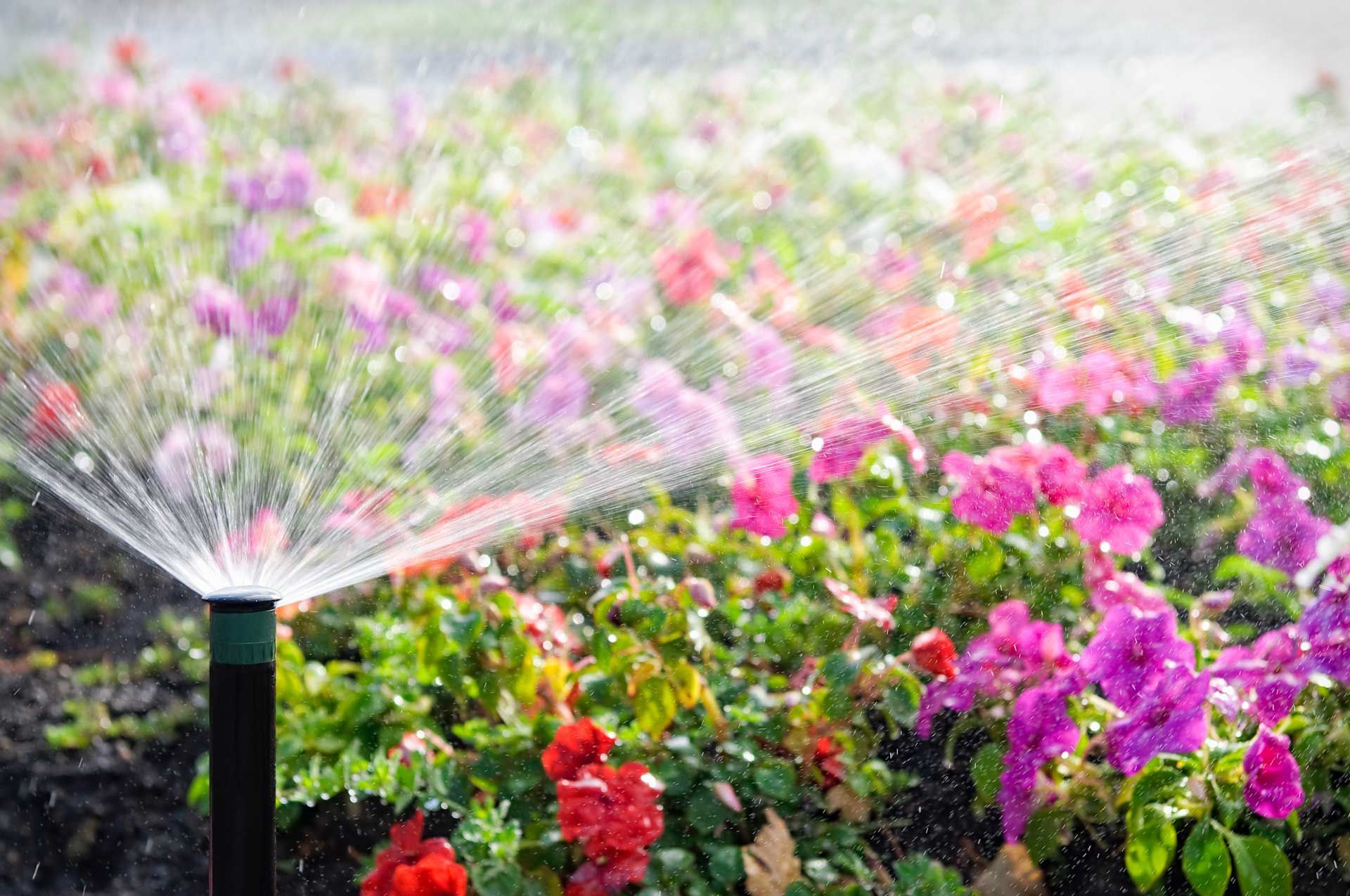 Sprinkler watering vibrant flowers in a garden. Pink, red, and purple blooms.