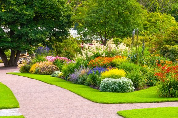 Curving gravel path borders vibrant flowerbeds in a lush garden, with green grass and trees. Curving gravel path borders vibrant flowerbeds in a lush garden, with green grass and trees.