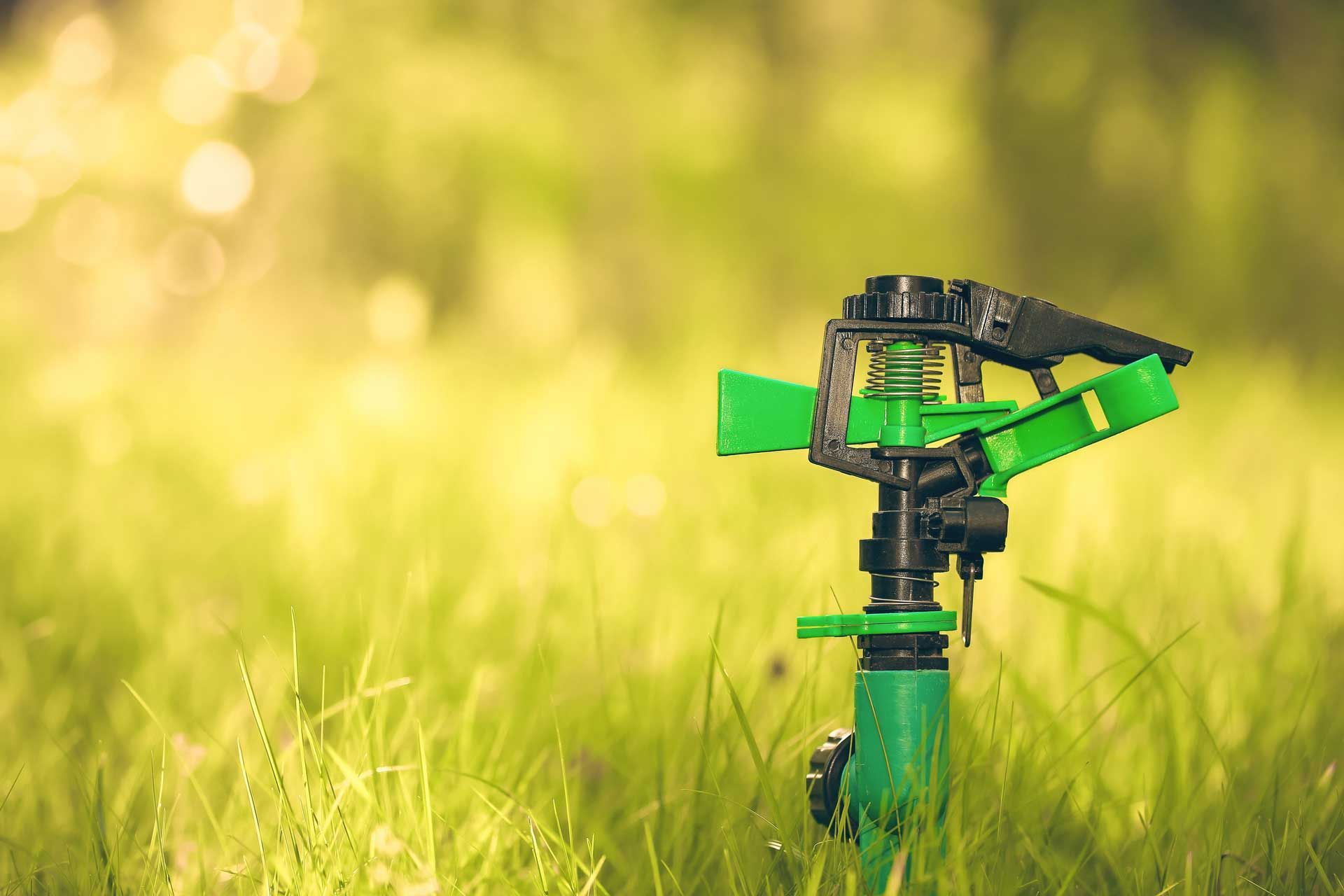 Green lawn sprinkler in grassy field.