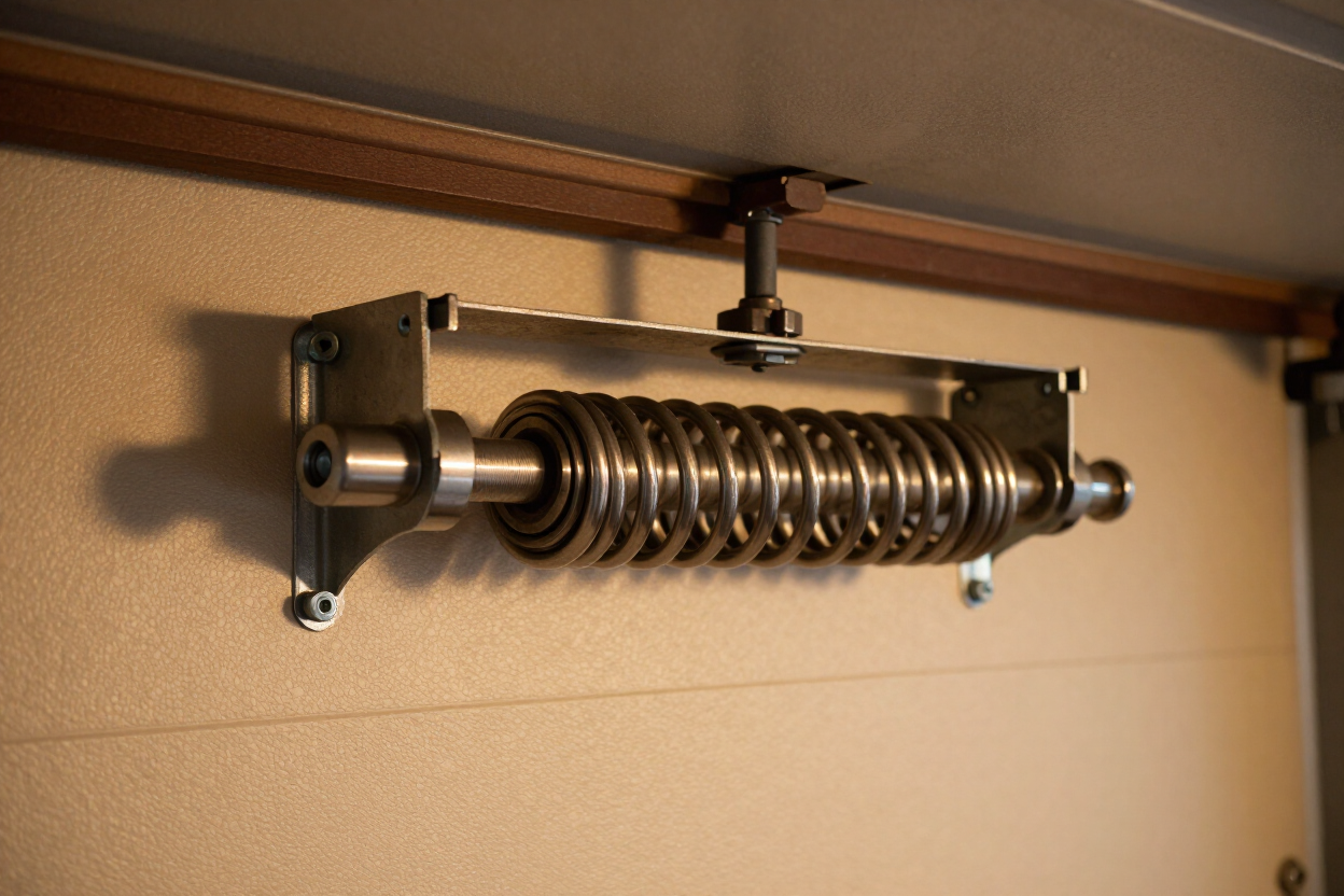 Garage door torsion spring system close-up in residential garage