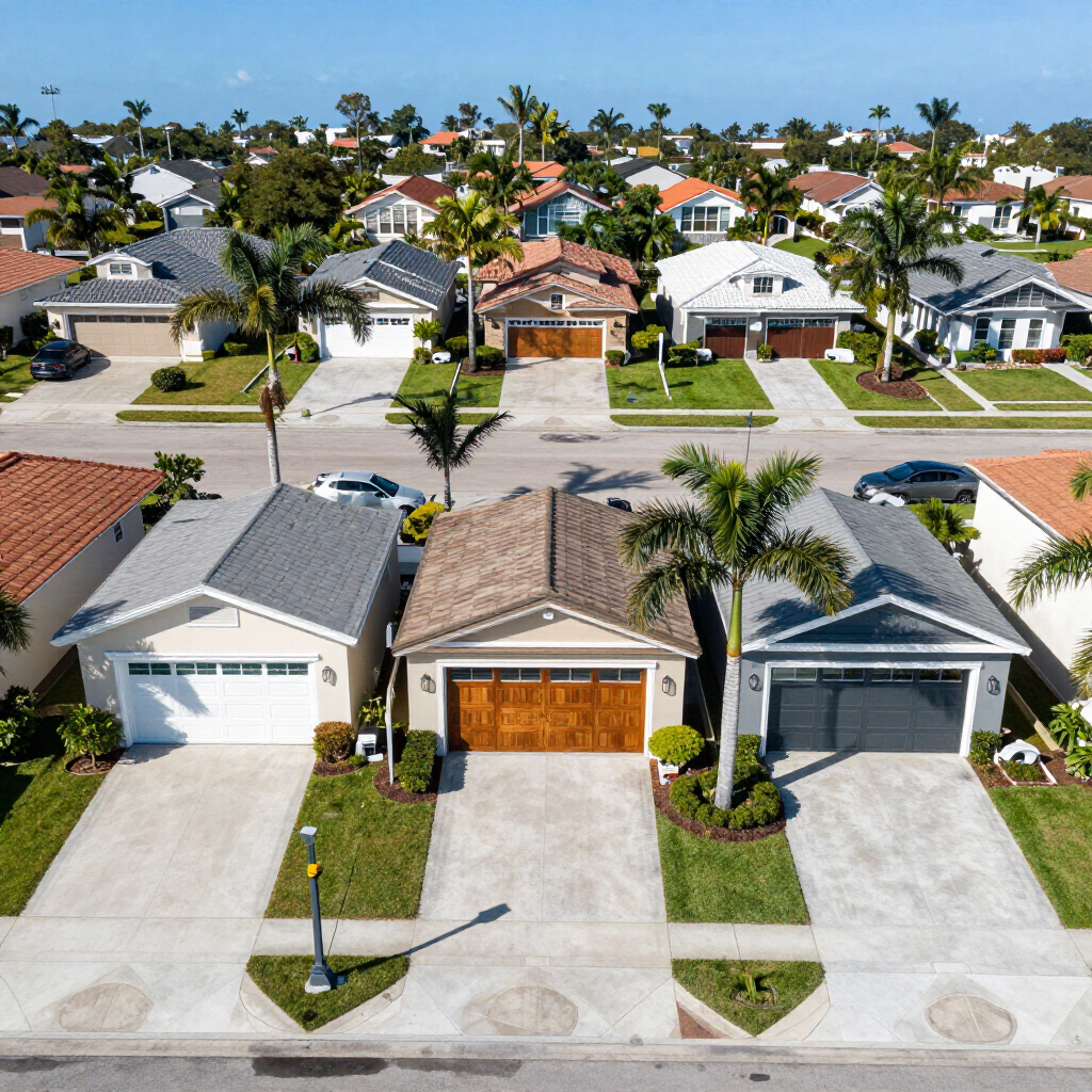 Aerial view of a suburban neighborhood with rows of houses, palm trees, and driveways under a clear blue sky