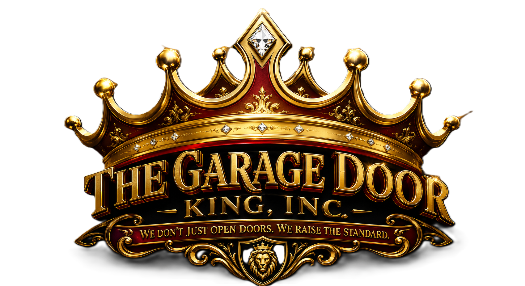 Gold crown logo reading “THE GARAGE DOOR KING, INC.” on a black banner.