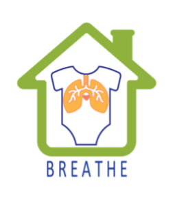 Green house shape with baby onesie silhouette containing orange lungs, text