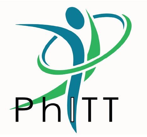 Stylized figure reaching upwards with green and teal swooshes, below 