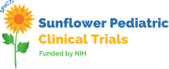 Logo for Sunflower Pediatric Clinical Trials, with a sunflower illustration and text,