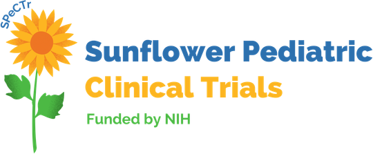 Logo for Sunflower Pediatric Clinical Trials, with a sunflower illustration and text,