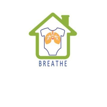 Logo: green house shape with baby onesie showing lungs, orange heart. Text: BREATHE.