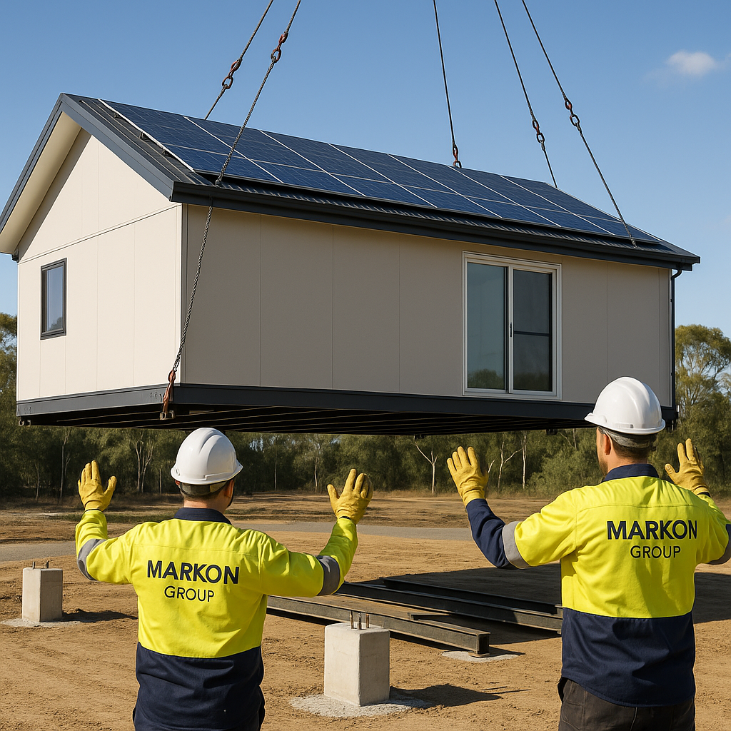 Two workers in yellow and blue uniforms guide a modular house suspended by a crane. The house has solar panels and is being set on concrete supports in a field.