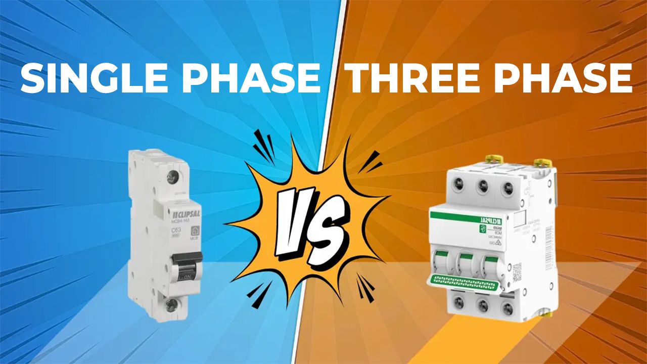Single-phase and three-phase circuit breakers compared. Left: single breaker. Right: three breakers. Blue and orange background.
