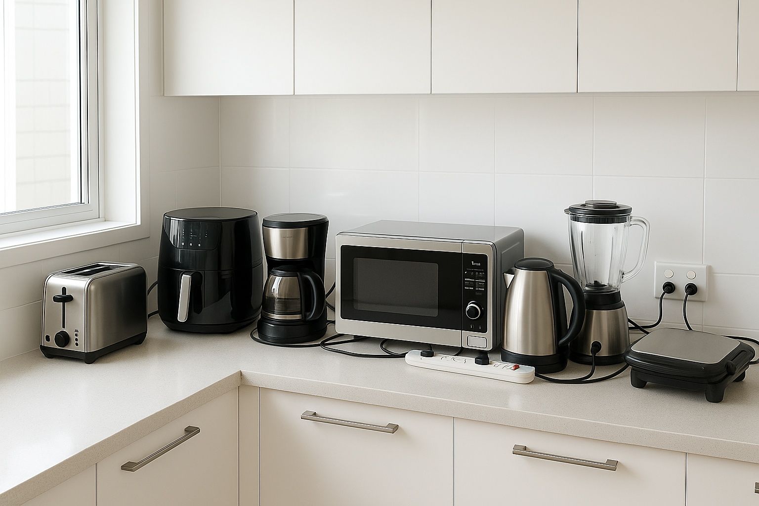 Kitchen countertop with various appliances: toaster, air fryer, coffee maker, microwave, kettle, blender, and grill. extension cord nightmare
